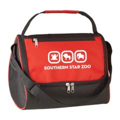 red lunch bag with adjustable strap, multiple pockets, and carrying handle
