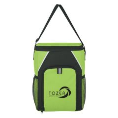 green cooler bag with adjustable strap, two side mesh pockets, and multiple compartments