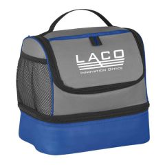 lunch bag with carrying handle, mesh pocket, and two zippered compartment