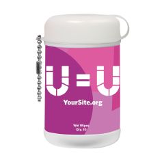 white wet wipe canister with a bead keychain attachment and an imprint of a purple and magenta background and the U=U logo with yoursite.org text below