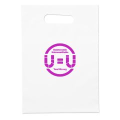 a white handout bag with an imprint saying U=U and Undetectable Untransmittable with yoursite.org text below