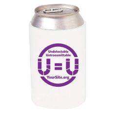 White can cooler with a can inserted and an imprint on the front of the can cooler with the u=u logo
