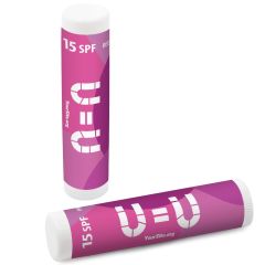 white lip balm with an imprint of a purple and magenta background with a text saying u=u and yoursite.org text below