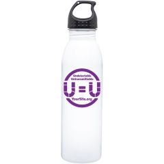 white stainless steel bottle with black lid and an imprint saying undetectable untransmittable with a u=u in the middle followed by yoursite.org text below