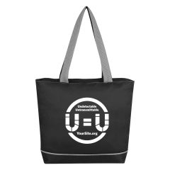 black tote bag with gray handles and base and an imprint of the U=U logo