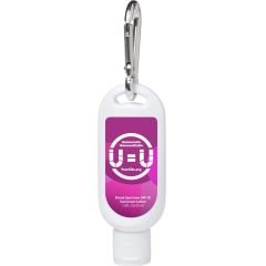 White sunscreen bottle with a silver carabiner and an imprint of a purple background and the U=U logo