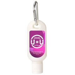 a white sunscreen bottle with a silver carabiner and an imprint of a purple and magenta background with the u=u logo
