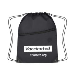 black drawstring bag with a front zippered compartment, earbud slot, and an imprint saying vaccinated with yoursite.org text below