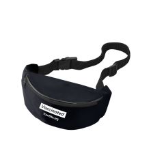 black fanny pack with a main zippered compartment and an imprint saying vaccinated and yoursite.org text below