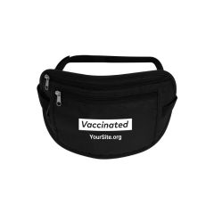 black fanny pack with 2 zippered compartments and an imprint saying vaxxed with yoursite.org text below