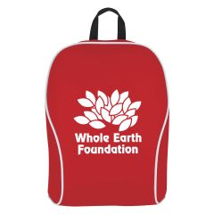 red backpack with zippered main compartment and an imprint saying Whole Earth Foundation