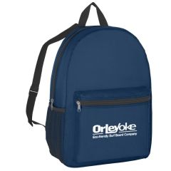 navy backpack with a zippered main compartment, front pocket with an imprint saying Orleyoke Eco-friendly Surf Board Company, and a side mesh pocket