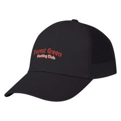 black trucker hat with embroidered stitching saying forest green hunting club
