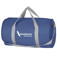 blue duffel bag with gray straps and an imprint saying hawthorn Academy