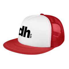 personalized red trucker hat with an imprint on the front saying dh art