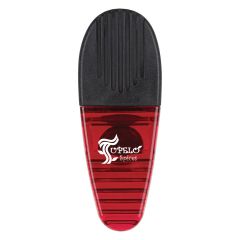translucent red food clip with a black top grip and an imprint saying tupeló spices