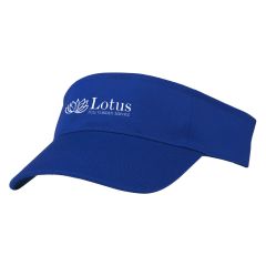 blue visor hat with an imprint saying lotus full garden service