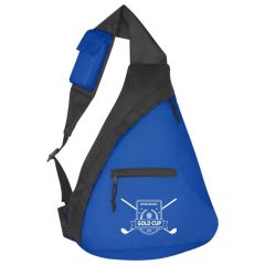 blue sling backpack with two zippered compartments and an imprint saying Schuller Golf Gold Cup