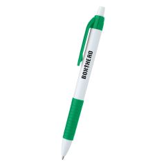 white pen with green rubber grip and clip holder and an imprint saying box head