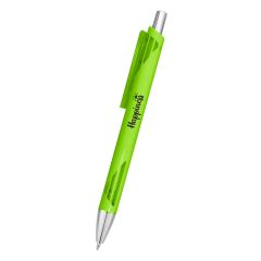 green pen with silver accents and an imprint saying happiness