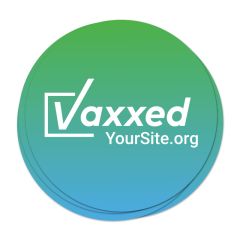 a stack of stickers with a gradient background and an imprint saying vaxxed and yoursite.org text below