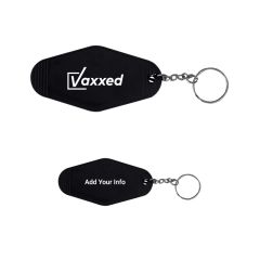 black motel keychain tag with an imprint on one side saying vaxxed and add your info on the other