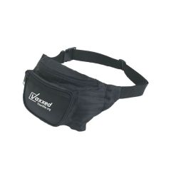 black fanny pack with two zippered compartments and an imprint saying vaxxed and yoursite.org text below