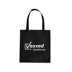 black tote bag with an imprint saying vaxxed and yoursite.org text below