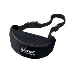 black fanny pack with an adjustable strap, main zippered compartment, and an imprint saying vaxxed and yoursite.org text below