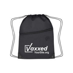 black drawstring bag with a zippered compartment, earbud slot, and an imprint saying vaxxed with yoursite.org text below