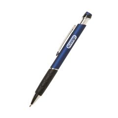blue pen with a black velvet touch grip and an imprint saying Eckerd