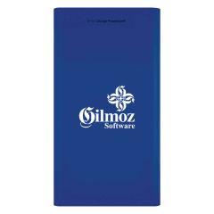blue power bank and wireless charger with an imprint saying gilmoz software