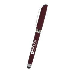 rubberized maroon pen with a stylus on the bottom and an imprint saying sunnos investments