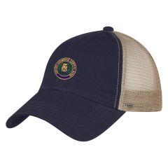 navy and khaki mesh trucker hat with an embroidered imprint saying eastern caribbean central bank