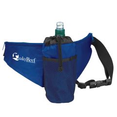 personalized blue water bottle fanny pack with zippered compartment