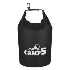 black waterproof clip-on dry bag with an imprint saying camp 5