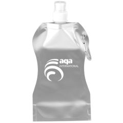 silver collapsible water bottle with a carabiner and an imprint saying aqa international