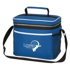 blue lunch bag with adjustable strap and dual mesh pocket with an imprint saying lizzimes limeade 