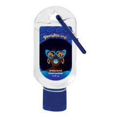 1 Oz. hand sanitizer with a blue carabiner and an imprint of a blue background and the prep logo with text below saying for tonight. and tomorrow. and yoursite.org