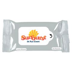 gray wet wipe packet with an imprint saying sunburst 5k run event