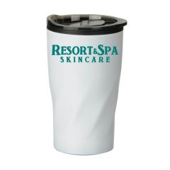 white tumbler with a twisted design, a gray lid and an imprint on the front saying resort & spa skincare