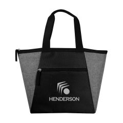 black tote bag with gray trim, zippered main compartment, front zippered pocket, and an imprint saying Henderson