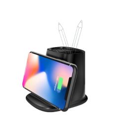 black pen holder with a wireless charger and two USB outputs