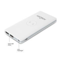white powerbank with an imprint saying the arbory