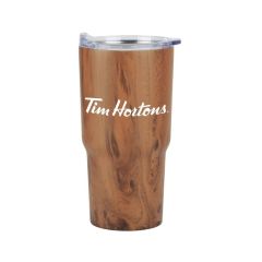 wood-tone tumbler with clear lid and an imprint saying Tim Hortons
