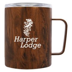 a woodtone mug with a clear lid and an imprint saying Harper Lodge