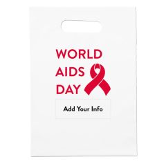 white plastic handout bag with imprint saying world aids day next to a red ribbon and add your info text below