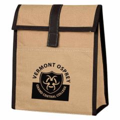 kraft paper lunch bag with black trim and a velcro strap