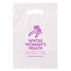 white plastic handout bag with whole woman's health logo and text below