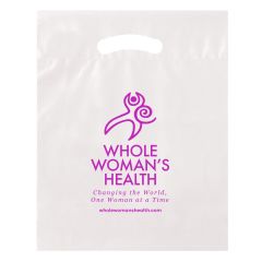 white plastic handout bag with a purple imprint whole woman's health logo and text below